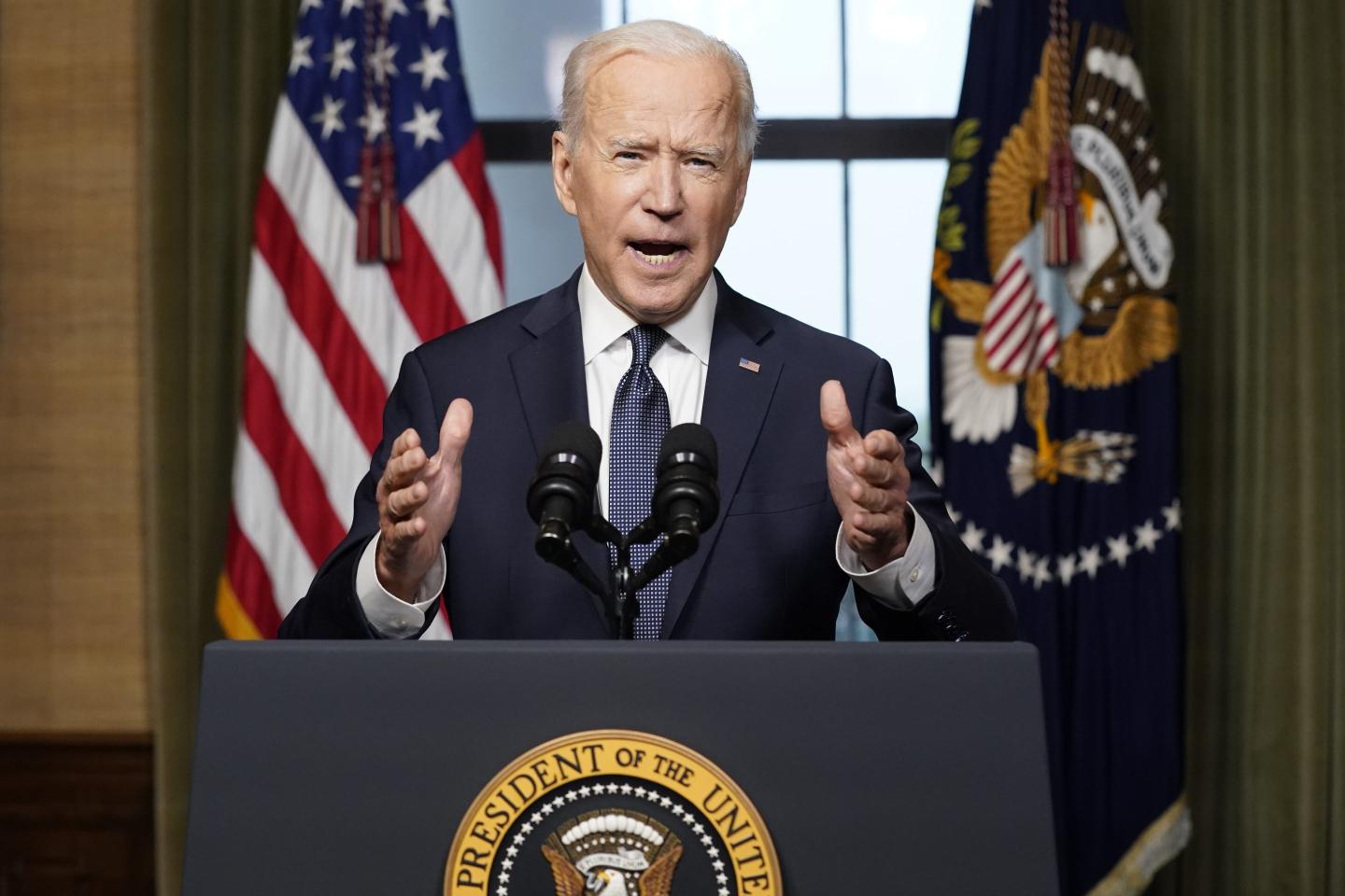 President Joe Biden speaks from the Treaty Room in the White House on April 14, 2021, about the withdrawal of the remainder of U.S. troops from Afghanistan. 
