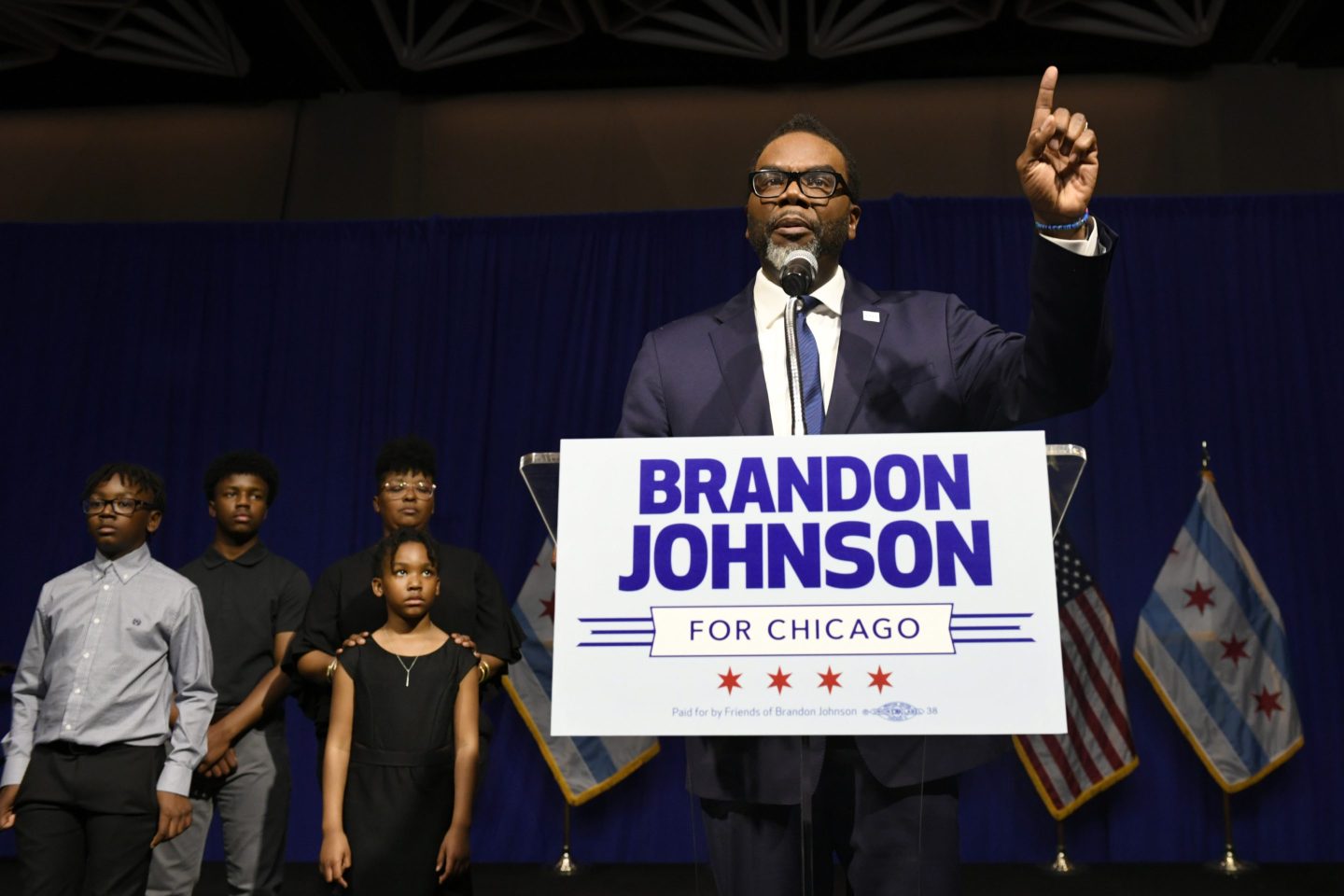 Chicago Mayor-elect Brandon Johnson speaks to supporters after defeating Paul Vallas in the mayoral runoff election, on April 4, 2023, in Chicago.