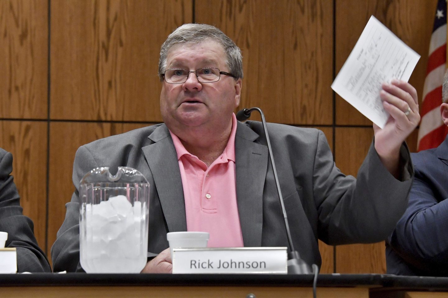 Rick Johnson chairs the committee as it meets before a capacity crowd in Lansing, Mich., June 26, 2017, at the first open meeting of the Michigan Medical Marijuana Board.