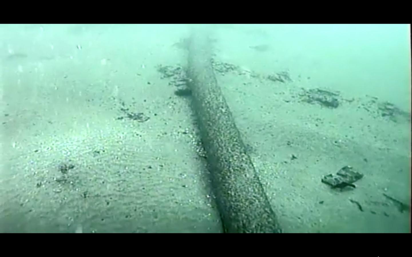 This still image from video taken Oct. 4, 2021, and provided by the U.S. Coast Guard shows an underwater pipeline that spilled tens of thousands of gallons of oil off the coast of Orange County, Calif. 