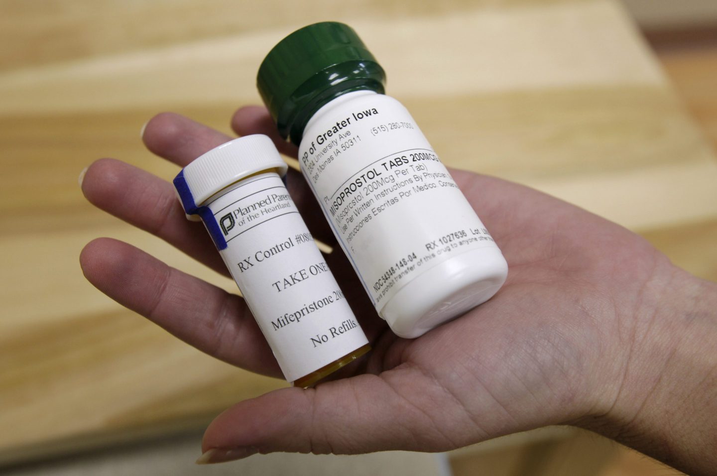 Bottles of abortion pills mifepristone, left, and misoprostol, right, at a clinic in Des Moines on Sept. 22, 2010.
