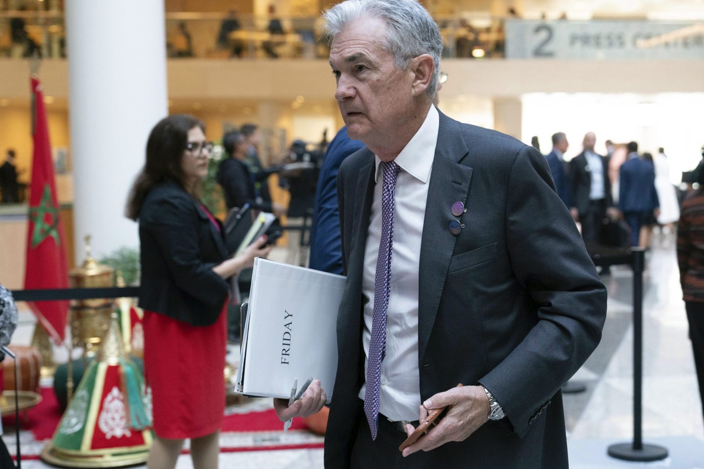 Federal Reserve Chairman Jerome Powell arrives for the plenary of the International Monetary and Financial Committee (IMFC) meeting, during the World Bank/IMF Spring Meetings at the International Monetary Fund (IMF) headquarters in Washington, Friday, April 14, 2023.