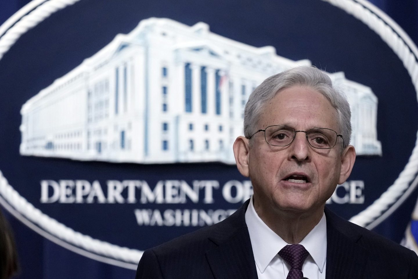 Attorney General Merrick Garland speaks during a news conference at the Justice Department in Washington, Friday, April 14, 2023.