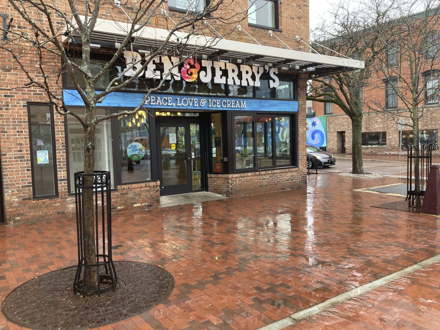 The front of the Ben Jerry's ice cream shop in Burlington, Vt. on Monday April 17, 2023.