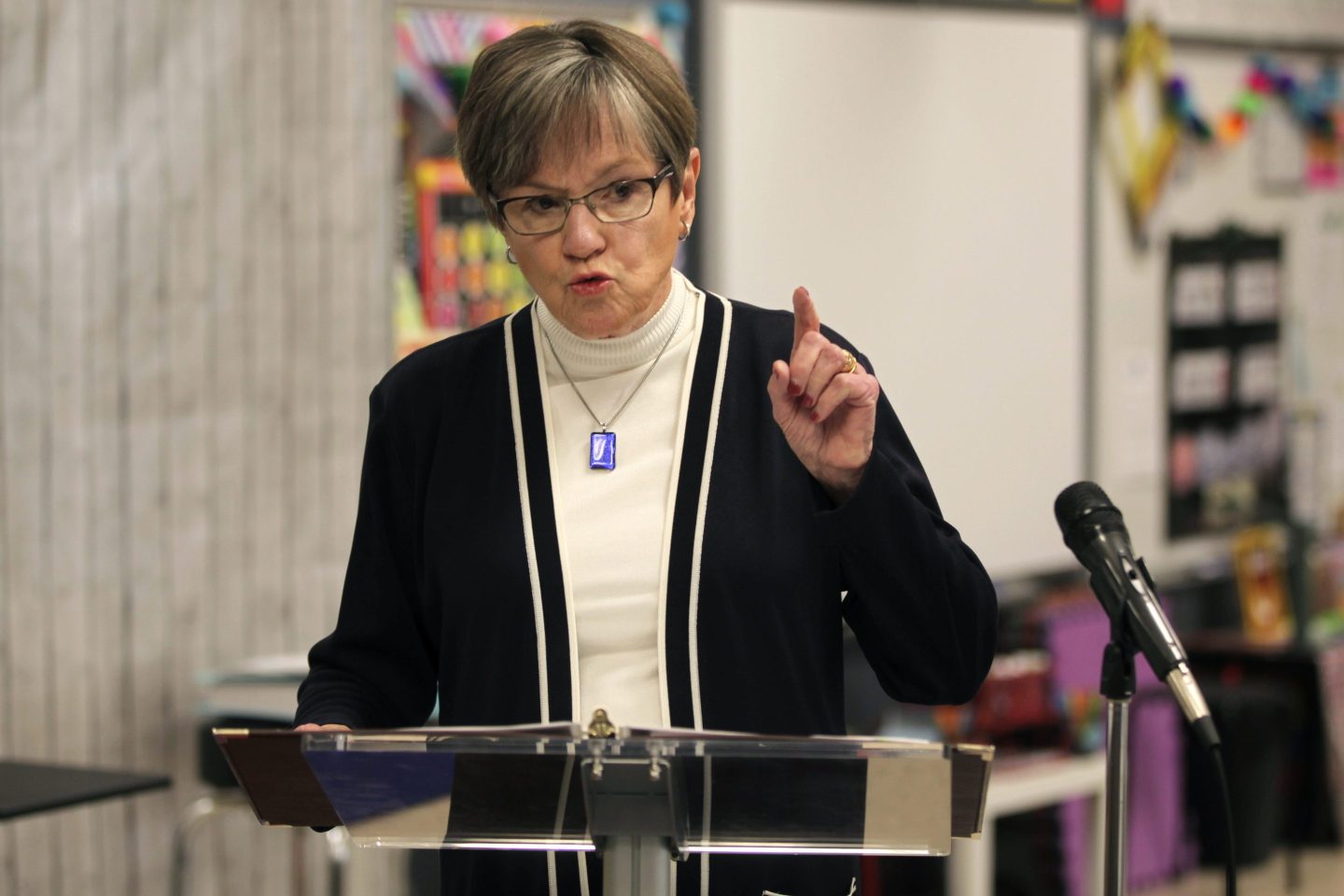 Kansas Gov. Laura Kelly speaks to reporters during a news conference, Monday, April 24, 2023, in a second-grade classroom at Elmont Elementary School in Topeka.
