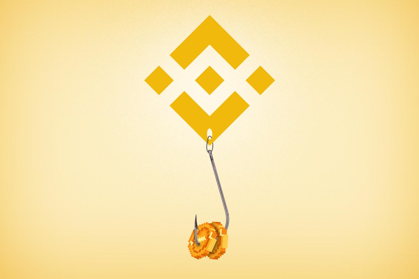 Photo illustration of the Binance logo with a fish hook dangling from it, and Crypto coins on the hook as bait.