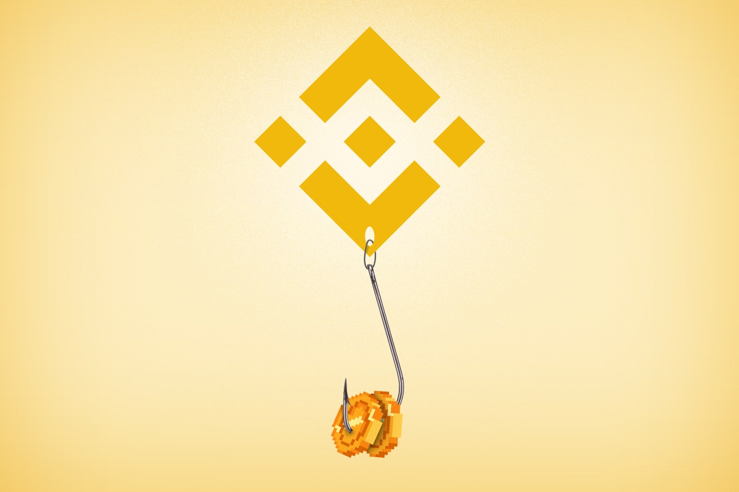 Photo illustration of the Binance logo with a fish hook dangling from it, and Crypto coins on the hook as bait.