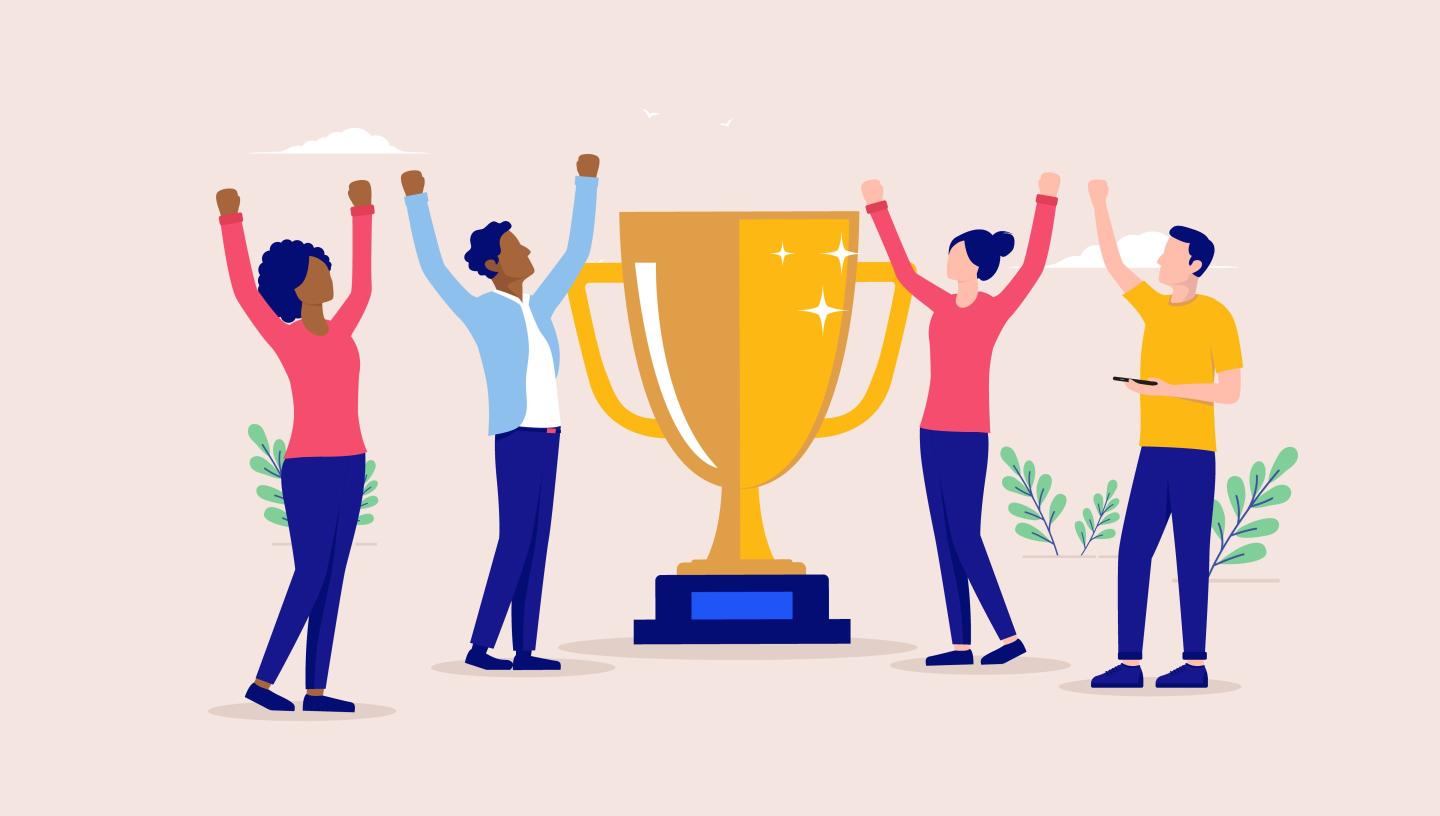 Business people winners with trophy cup illustration