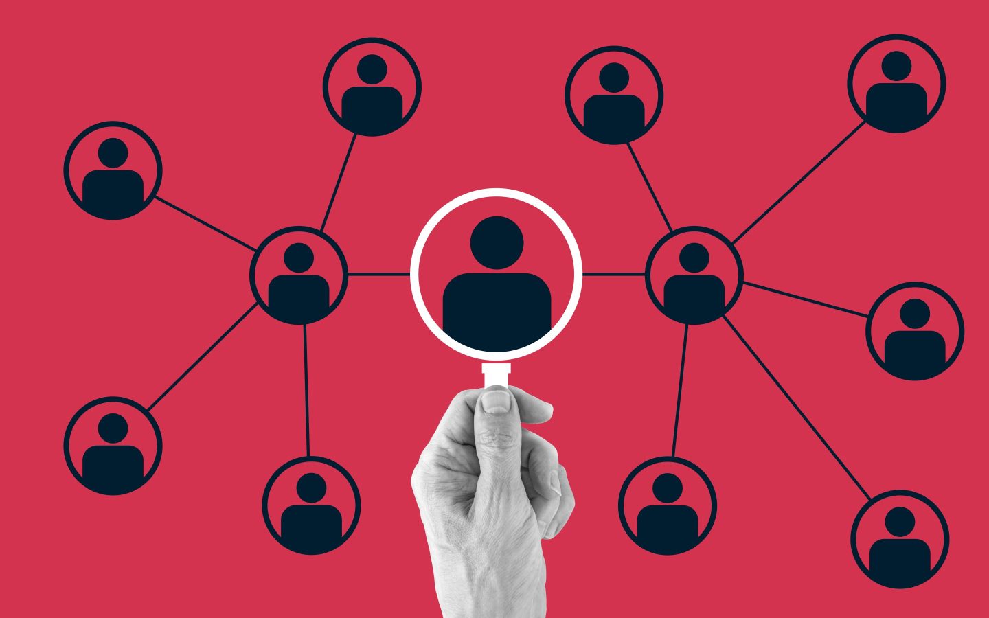 Human hand holding the magnifier and studies the network.