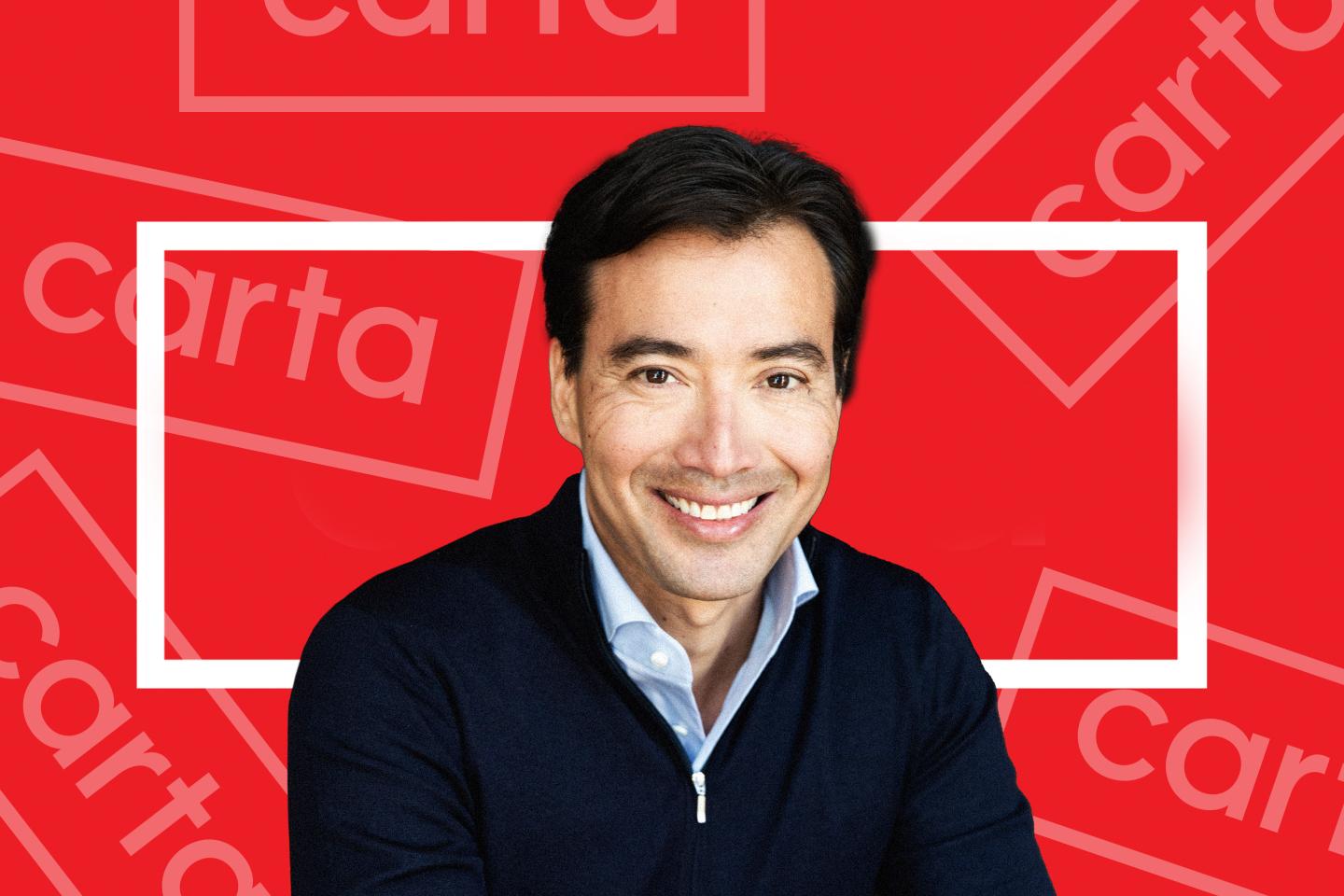 Portrait of Carta CEO Henry Ward on red background with several Carta logos.