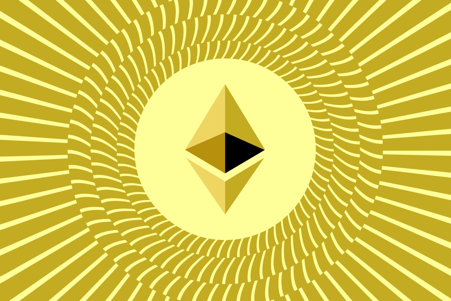 The Ethereum logo superimposed over a spiral background.