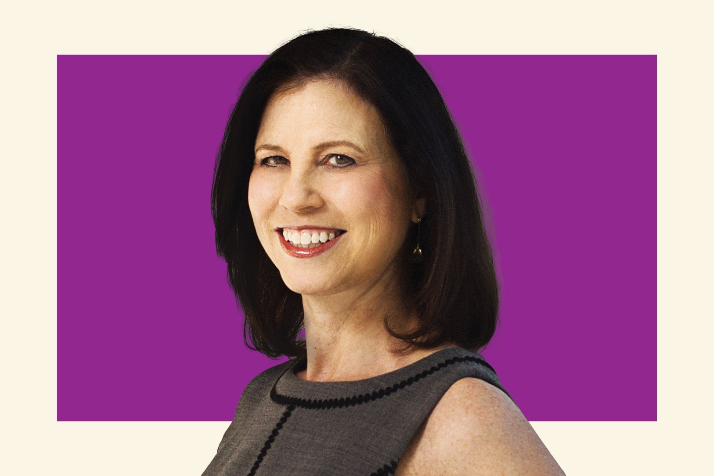 Portrait of USA Today Editor in Chief Joanne Lipman on purple background.