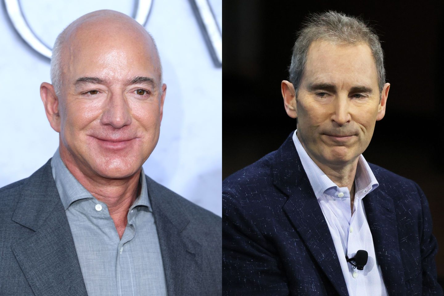 Left: Amazon founder Jeff Bezos at a series premiere, right Amazon CEO Andy Jassy