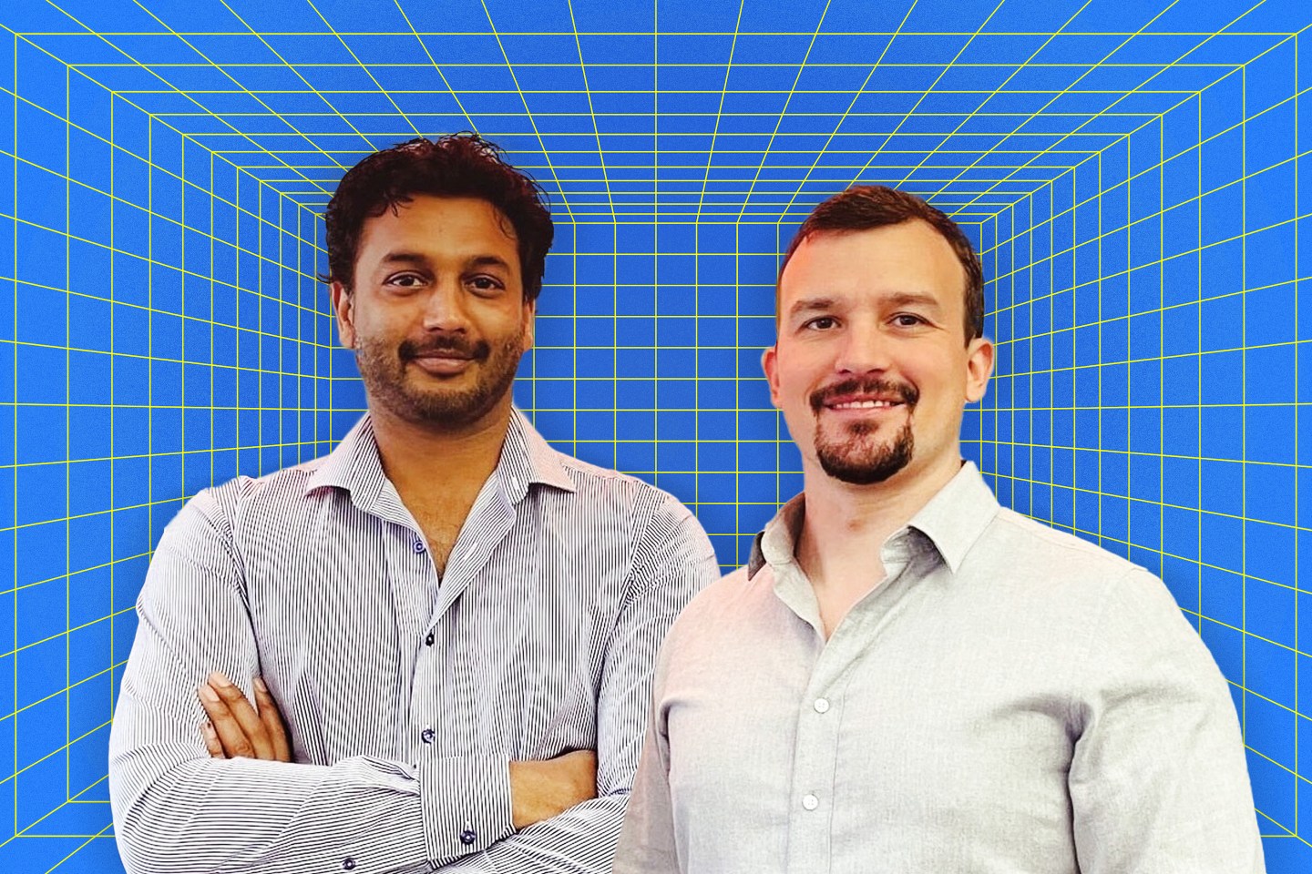 Unchained cofounders Dhruv Bansal and Joe Kelly in front of a blue background.