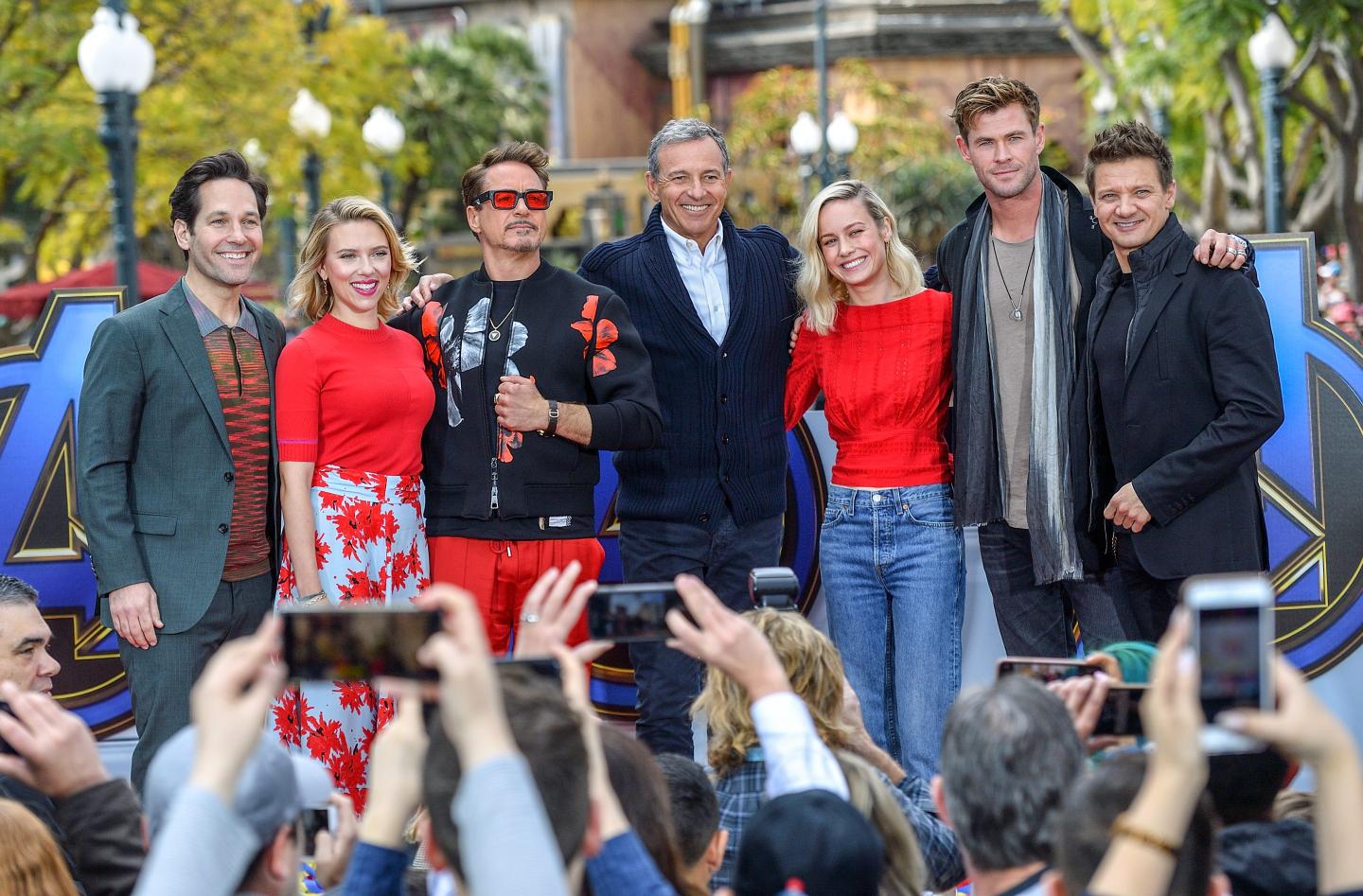 Disney CEO Bob Iger at a lavish Marvel media event with Paul Rudd (Antman), left, Scarlett Johansson (Black Widow), Robert Downey, Jr (Ironman), Brie Larson (Captain Marvel), Chris Hemsworth (Thor) and Jeremy Renner (Hawkeye)