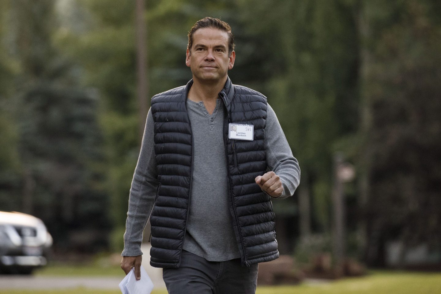 Lachlan Murdoch, co-chairman and chief executive officer of Fox Corp., arrives during the Allen & Co. Media and Technology Conference in Sun Valley, Idaho, U.S., on Thursday, July 11, 2019.