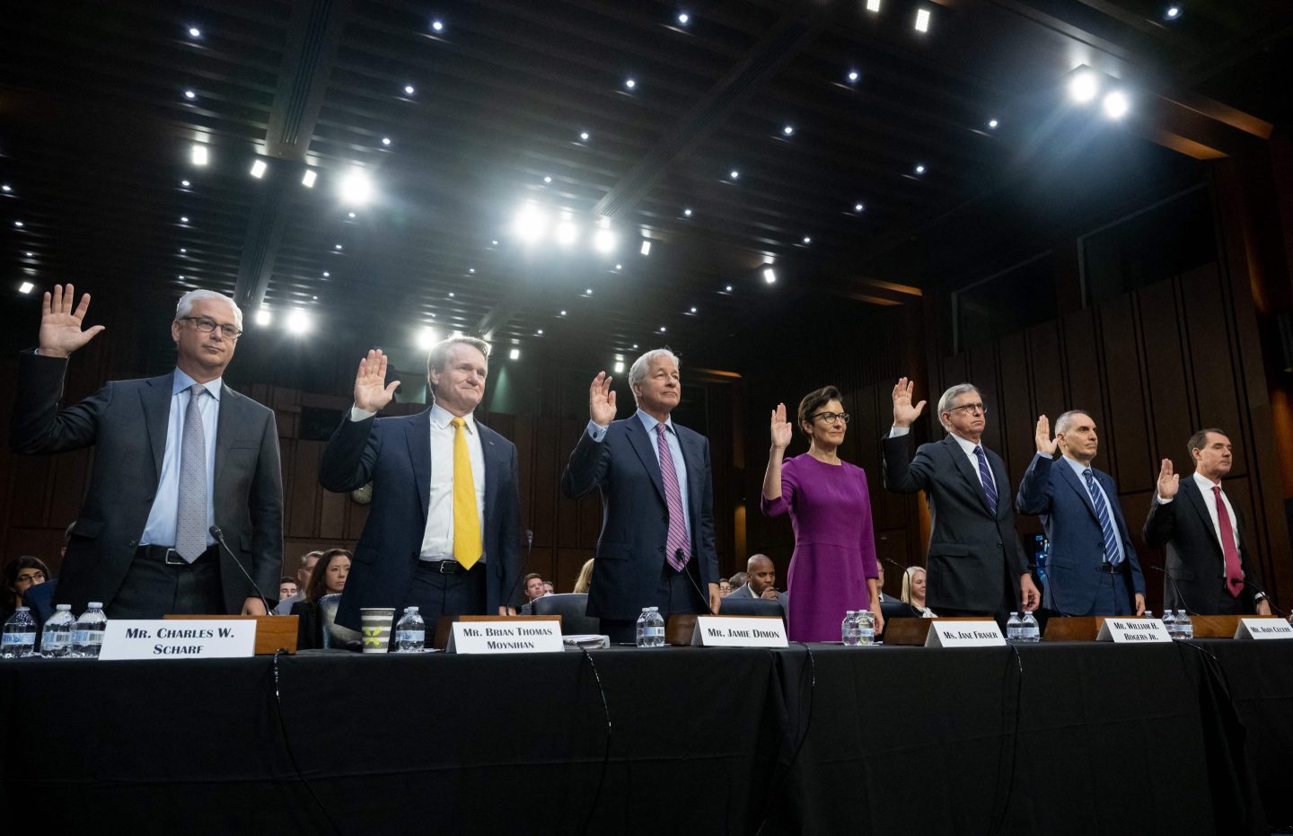 The leaders of America's largest banks are sworn in as they prepare to testify during a Senate Banking, Housing, and Urban Affairs Committee hearing on Capitol Hill in Sep. 22, 2022.