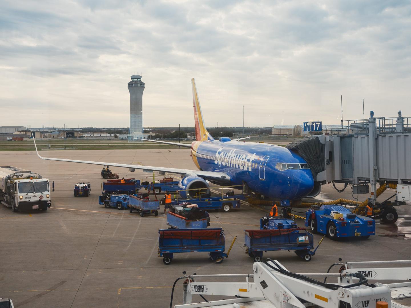 A Southwest Airlines aircraft at a gate in Austin