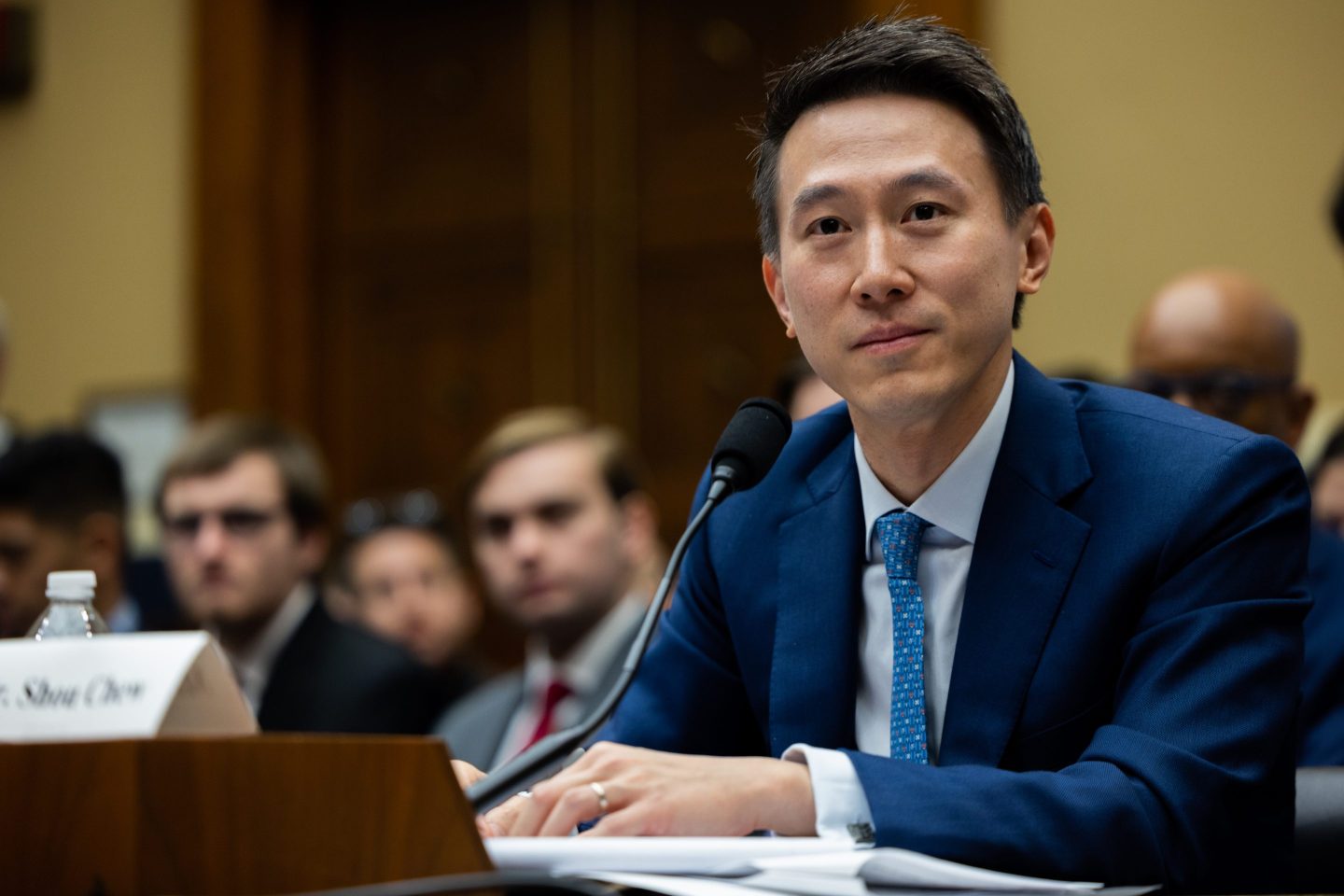 TikTok CEO Shou Zi Chew listens to questions from U.S. representatives during his testimony at a congressional hearing about TikTok on March 23.