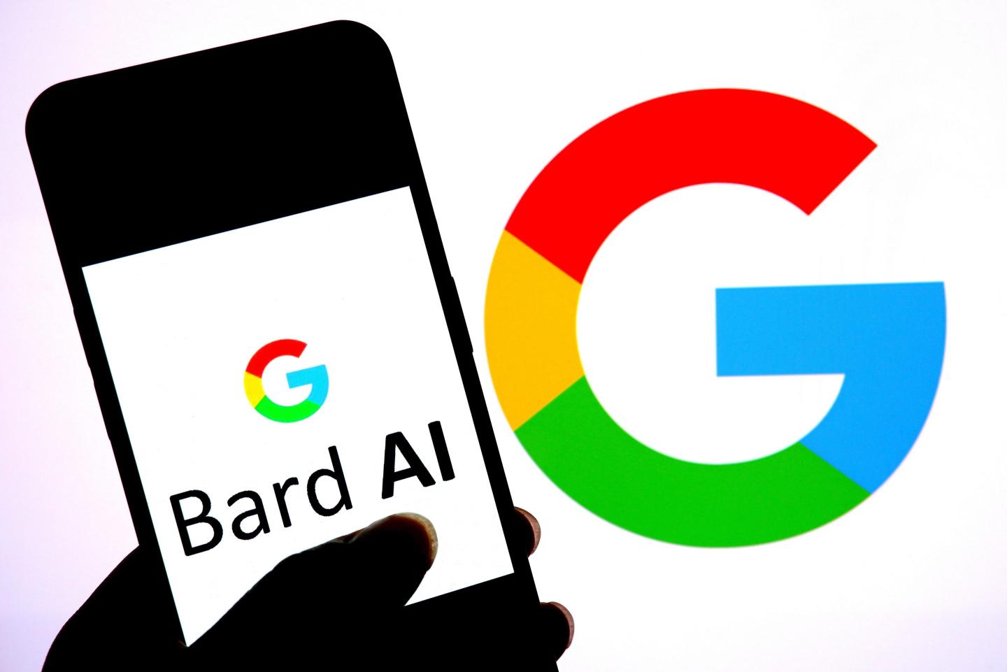 A phone screen which says "Bard AI" with Google logo in the background