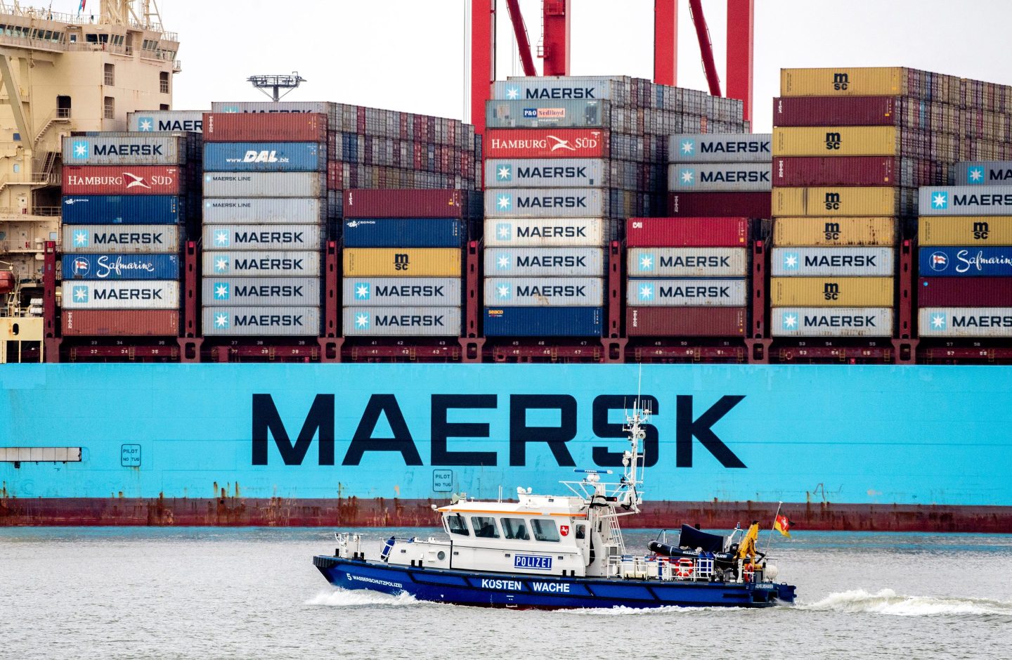 The container ship "Morten Maersk" of the Danish shipping company Maersk Line is moored at a quay wall at the container terminal JadeWeserPort in Germany.