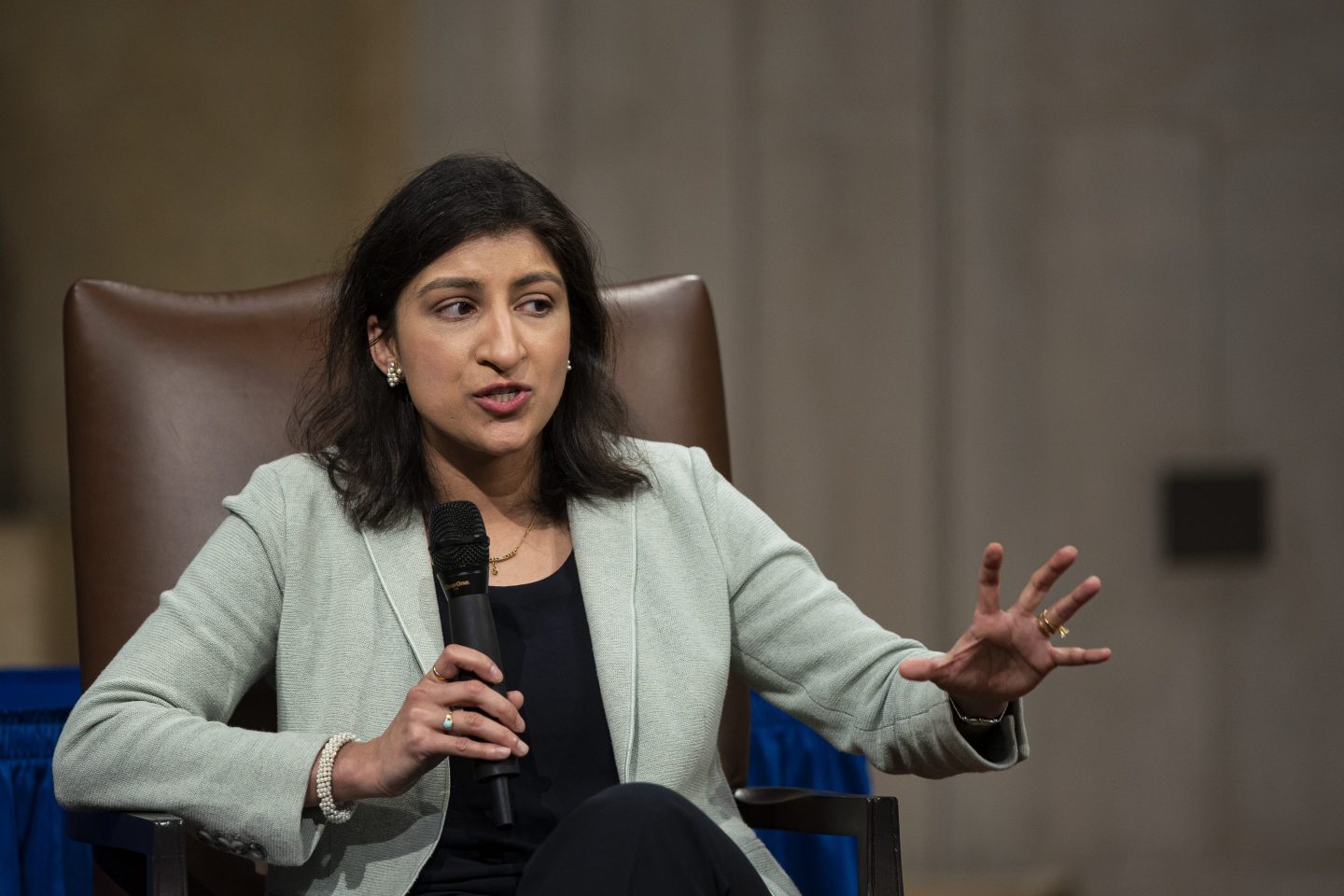 Lina Khan, chair of the Federal Trade Commission (FTC), speaks at the Department of Justice in Washington, DC on Mar. 27.