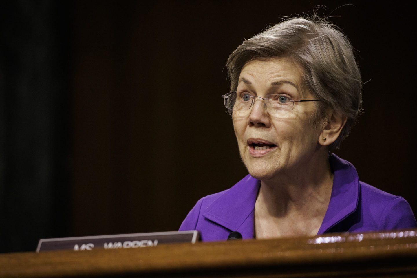 Senator Elizabeth Warren, a Democrat from Massachusetts, speaks during a Senate Banking, Housing, and Urban Affairs Committee hearing in Washington, DC, US, on Tuesday, March 28, 2023.