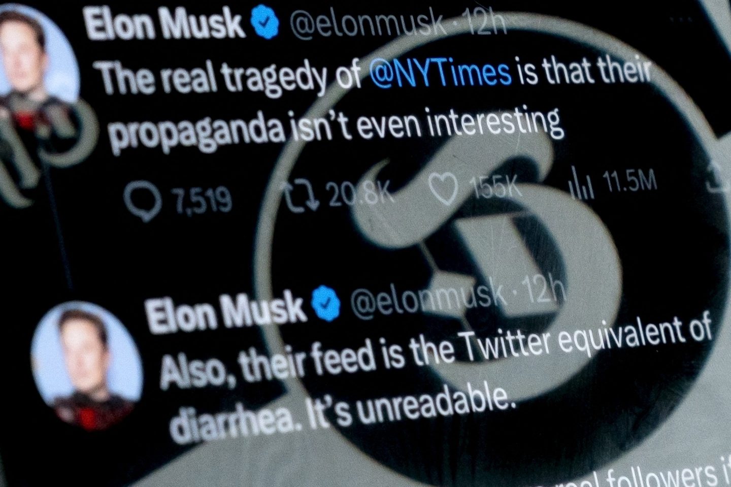 In this photo illustration, Elon Musk's anti New York Times tweets are superimposed against the Times’ logo.