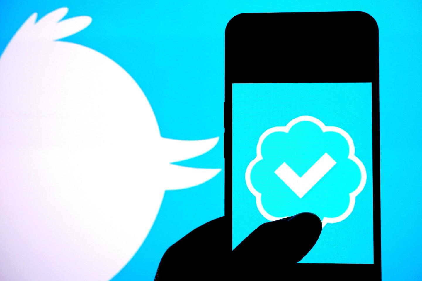 Blue Tick logo is displayed on a smartphone with a Twitter logo