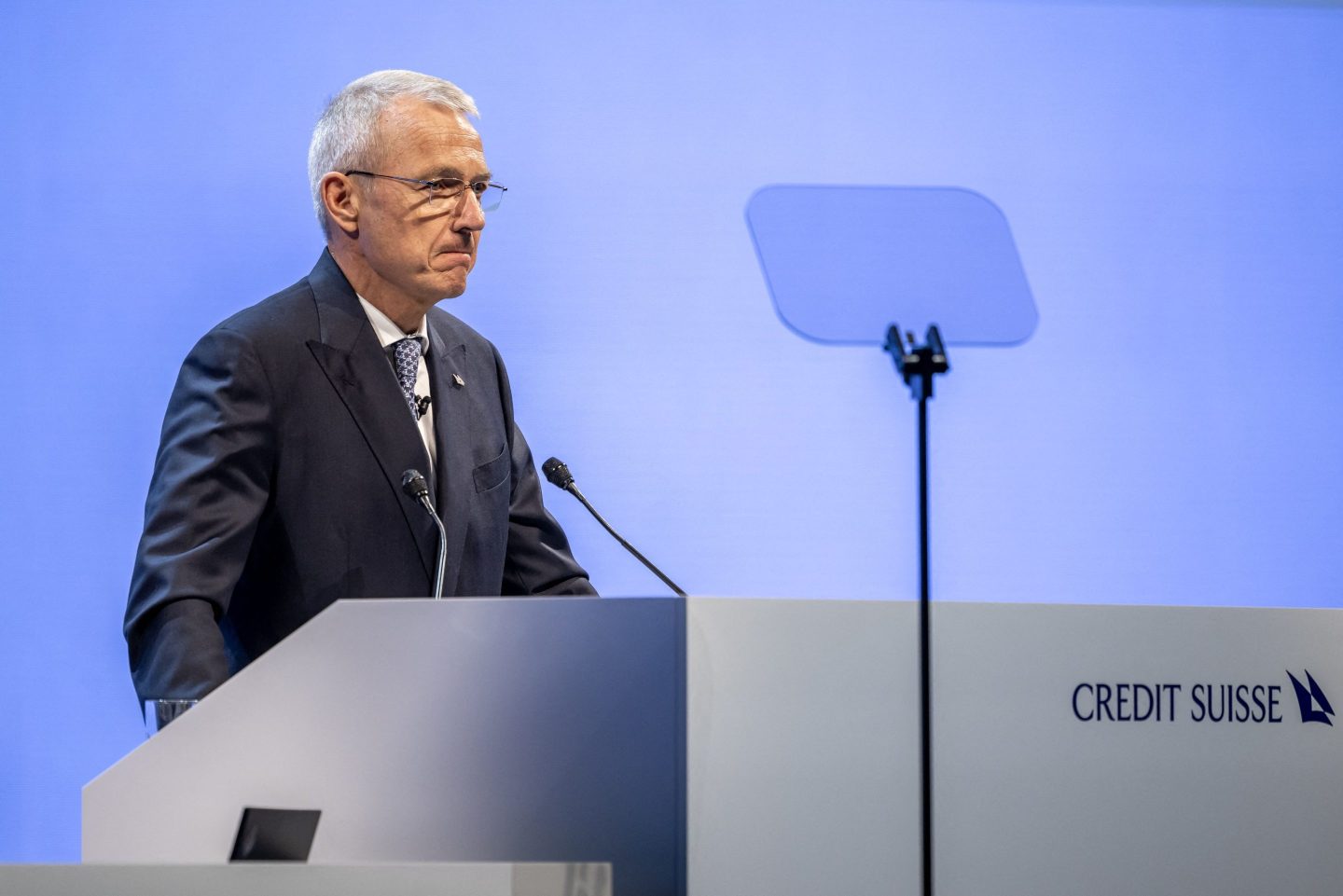 Credit Suisse chairman Axel Lehmann reacts at the end of the last annual general meeting of Credit Suisse bank, in Zurich, on April 4, 2023, following the takeover by UBS of Credit Suisse, hastily arranged by the Swiss government on March 19 to prevent a financial meltdown.