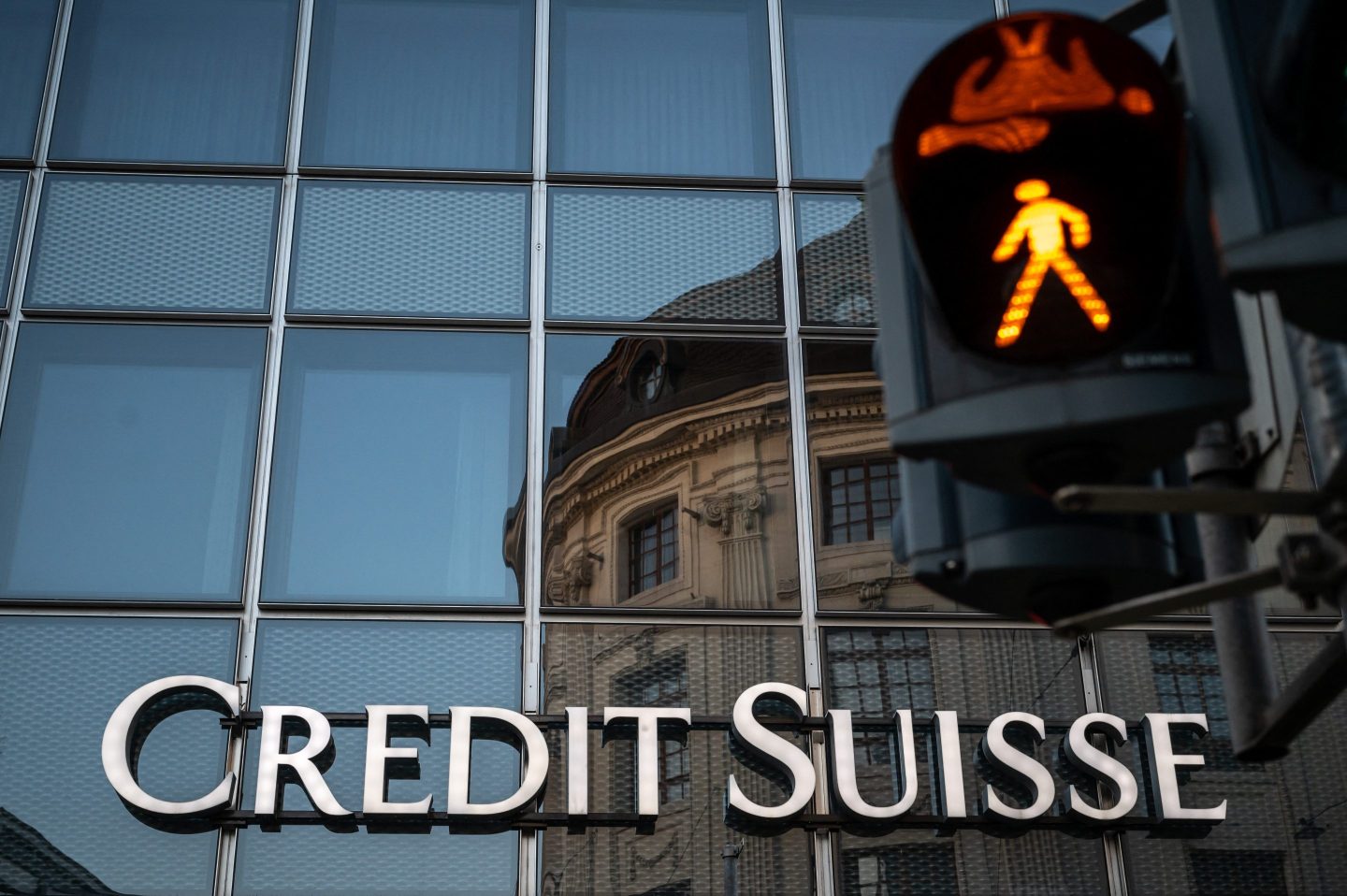 A signs of Swiss bank Credit Suisse is seen in Basel, on April 4, 2023 on the eve of the general meeting of shareholders following the takeover by UBS of Credit Suisse hastily arranged by the Swiss government on March 19, 2023 to prevent a financial meltdown.