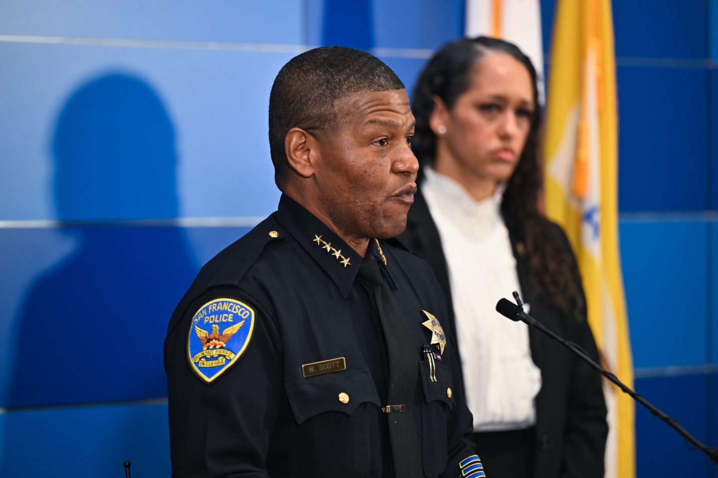San Francisco Police Chief William Scott and San Francisco District Attorney Brooke Jenkins (R) at a news conference about the murder of Cash App founder Bob Lee.