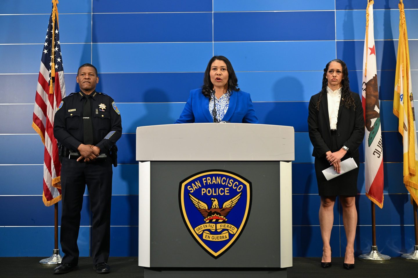 Mayor London Breed provides updates on Cash App founder Bob Lee’s homicide investigation at the San Francisco Police Department with District Attorney Brooke Jenkins (right) and Police Chief William Scott (left), April 13, 2023.