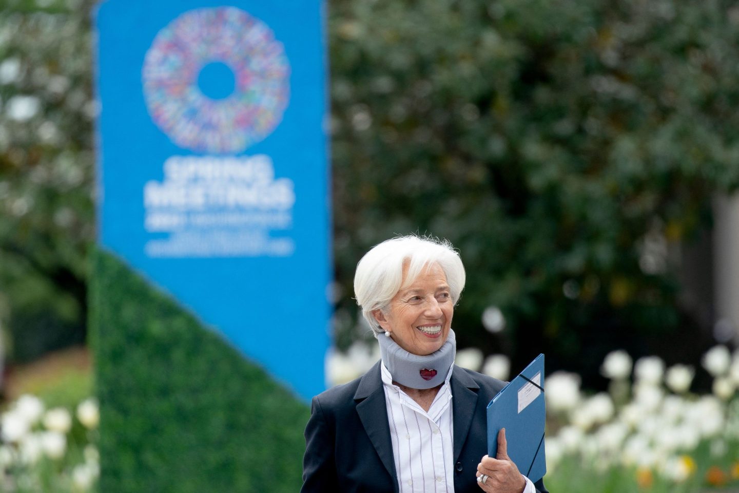 European Central Bank (ECB) President Christine Lagarde walks outside the annual spring meetings at the International Monetary Fund (IMF) headquarters in Washington, DC, on April 14, 2023.