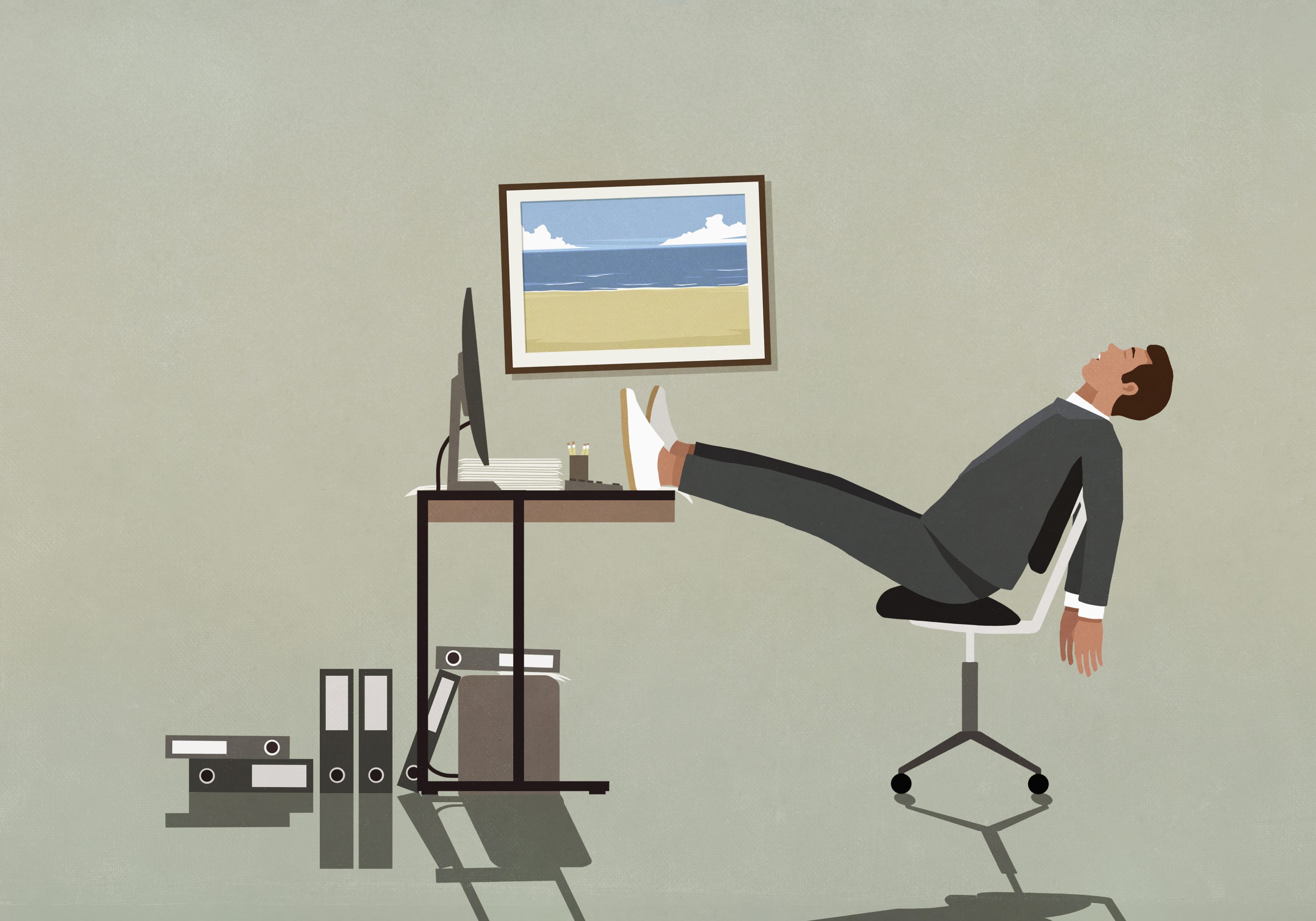A graphic drawing of a person with their feet on the desk