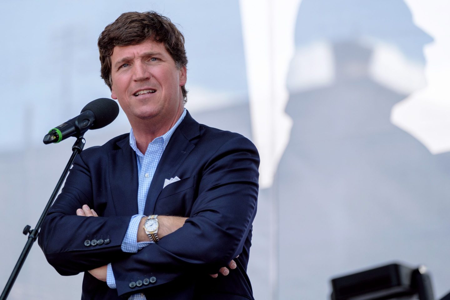 Tucker Carlson speaks during the Mathias Corvinus Collegium (MCC) Feszt on August 7, 2021 in Esztergom, Hungary.