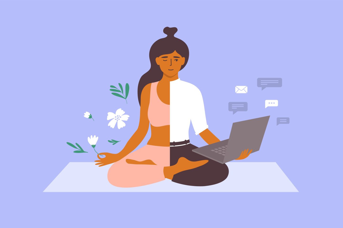 A businesswoman meditates while working.