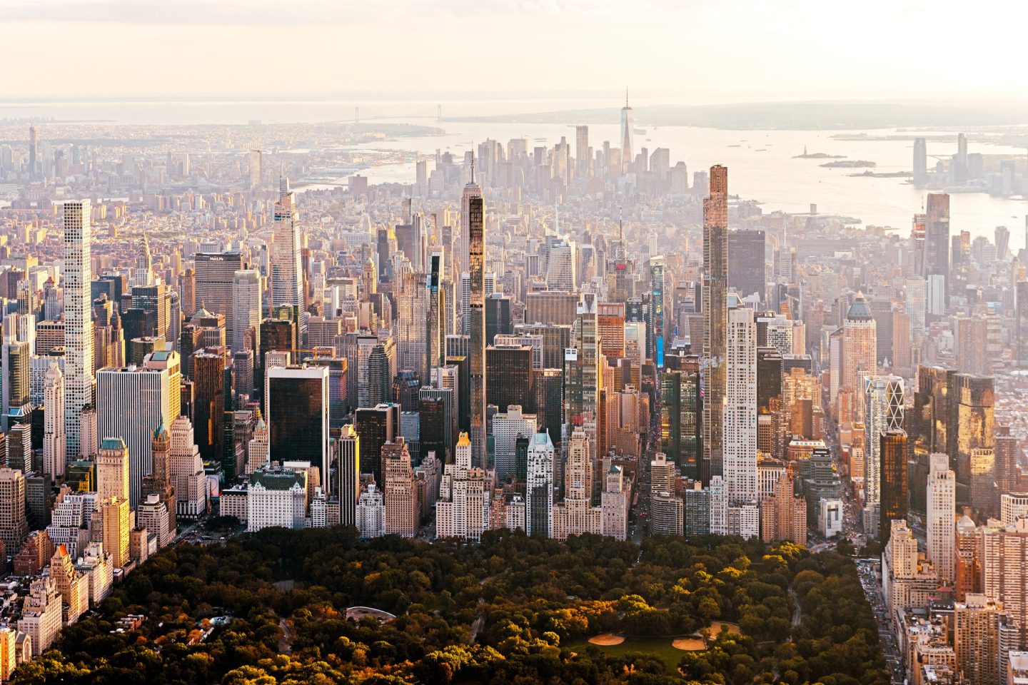 Aerial view of Midtown and Downtown Manhattan with Central Park in the foreground