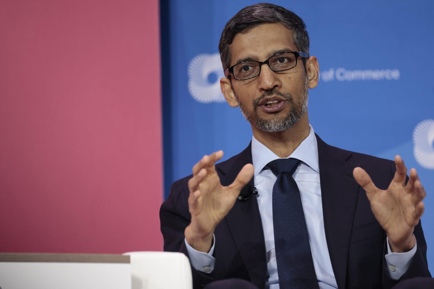 Google CEO Sundar Pichai speaks at a panel at the CEO Summit of the Americas hosted by the U.S. Chamber of Commerce on June 9, 2022 in Los Angeles, Calif.