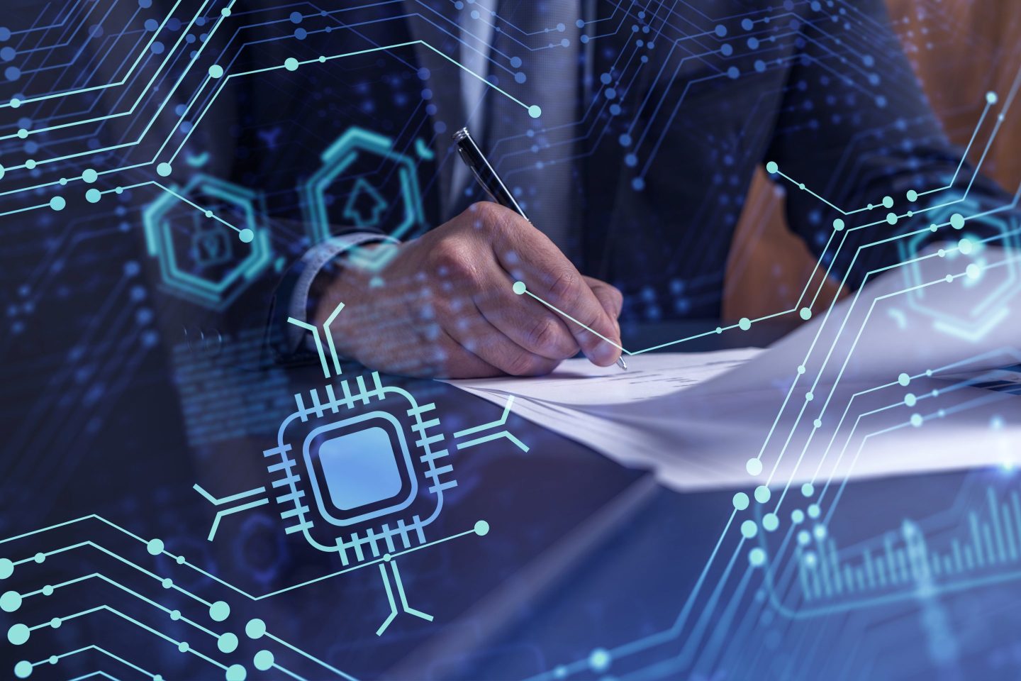 A person writes over images of data.