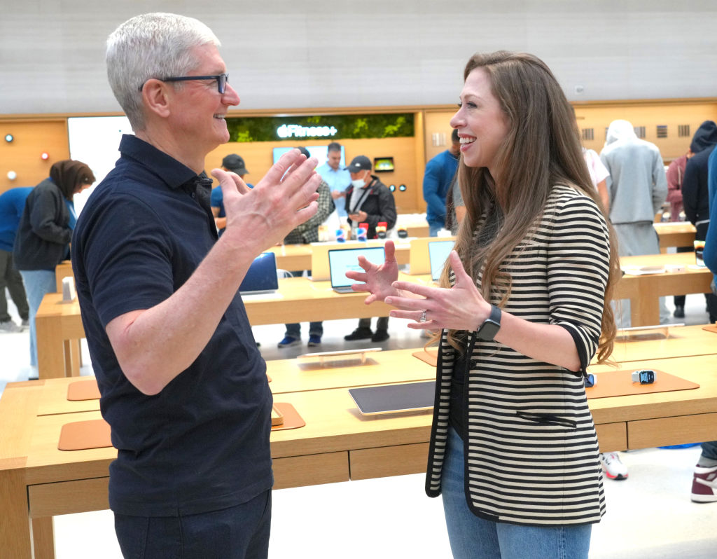 Apple CEO Tim Cook and Chelsea Clinton visit the Fifth Avenue Apple store on Sept. 16, 2022, in New York City.