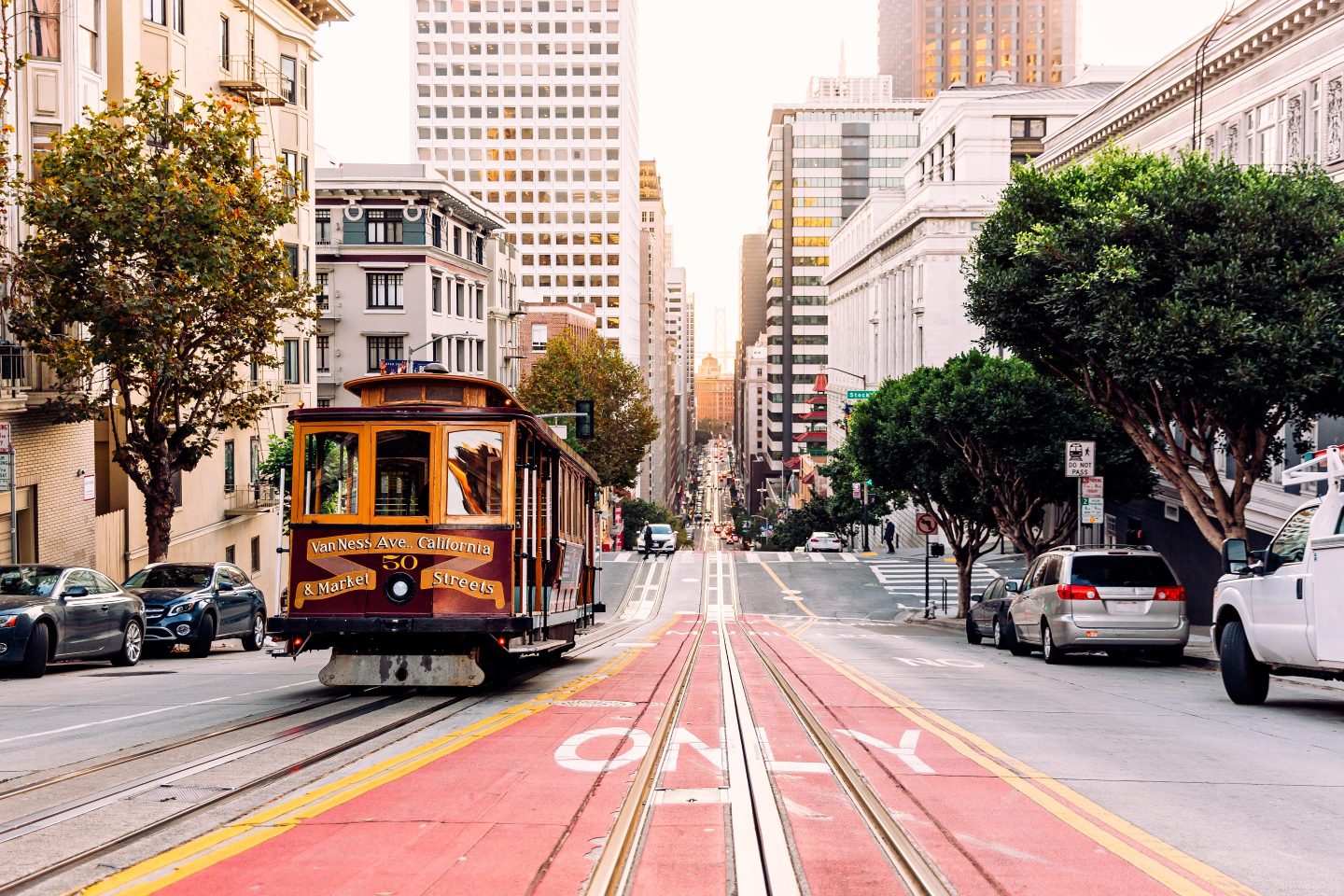 Historic cable car on the street in San Francisco, California.