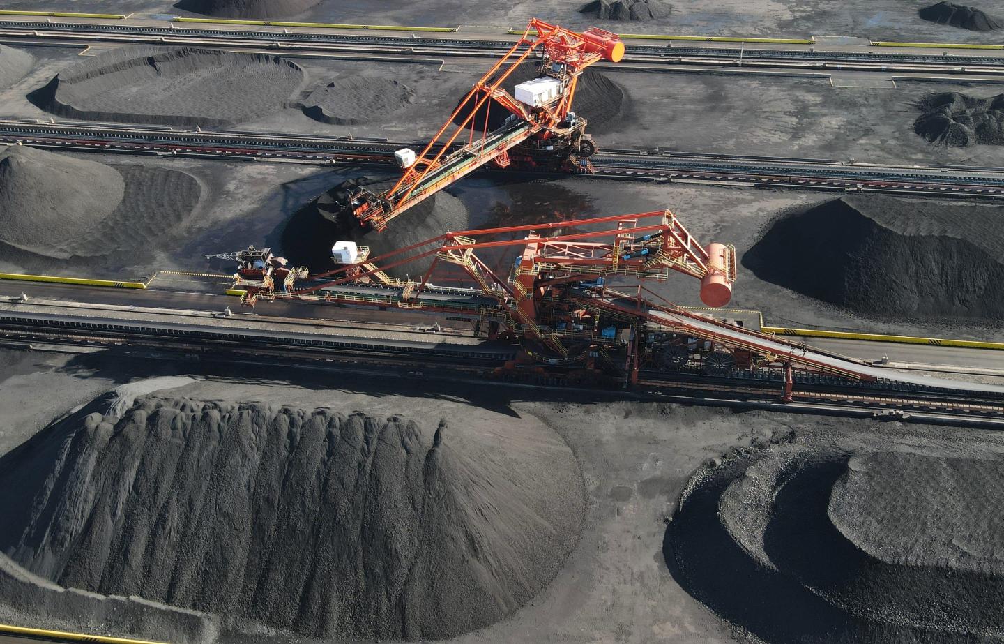 Conveyor belts transporting coal into piles at Huanghua Port in China