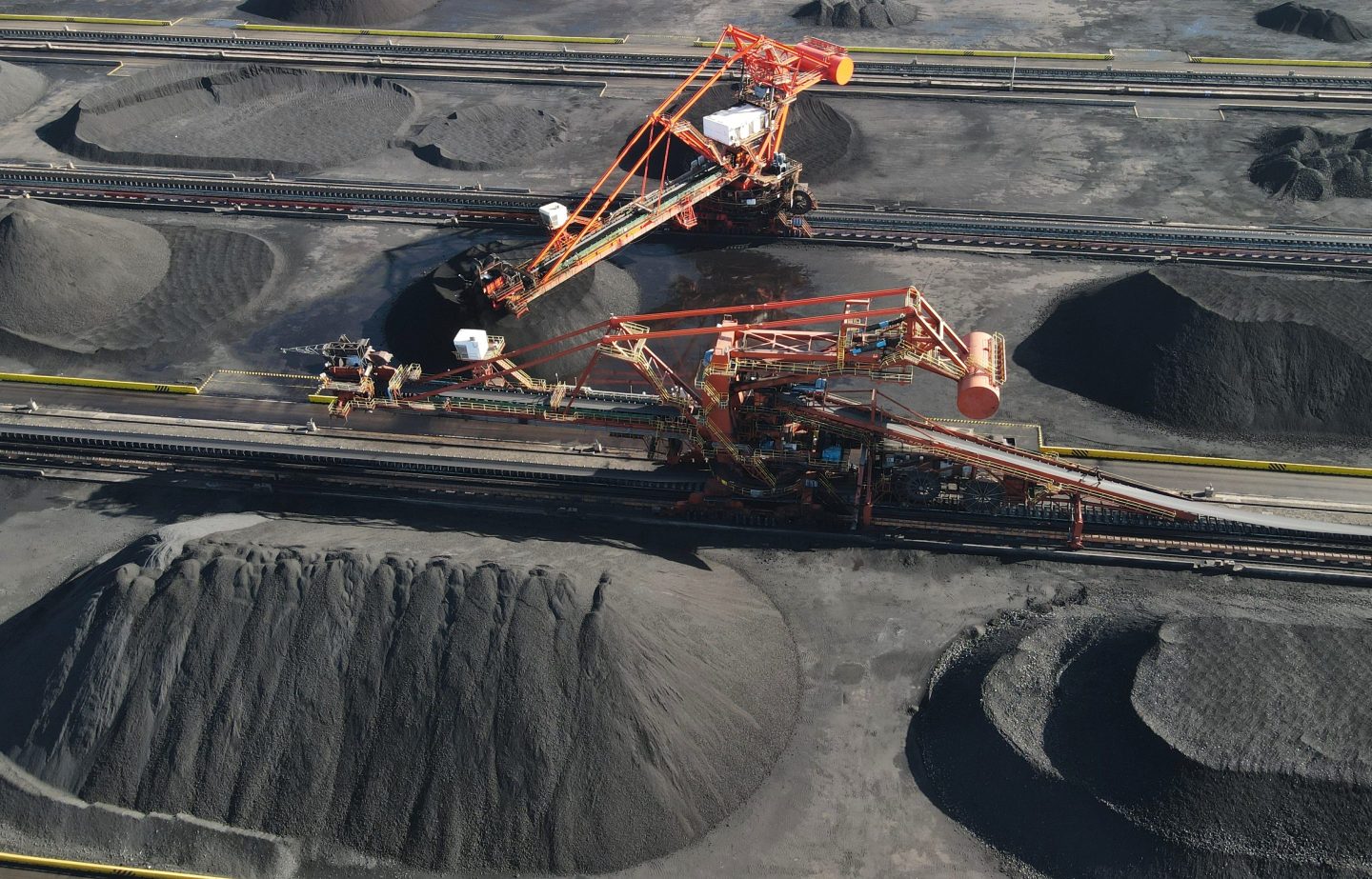 Conveyor belts transporting coal into piles at Huanghua Port in China