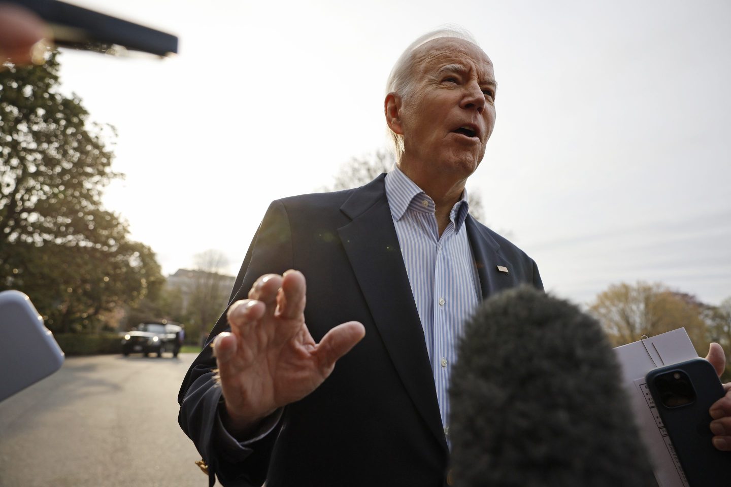 U.S. President Joe Biden declines to comment after reporters question him about the criminal indictment of former President Donald Trump as Biden departs the White House on March 31, 2023 in Washington, DC.