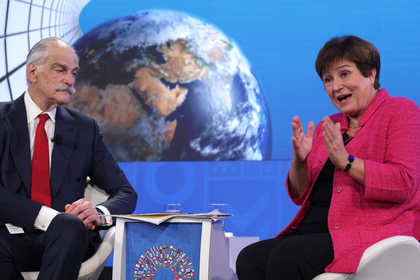 International Monetary Fund Managing Director Kristalina Georgieva (R) speaks with economist John Lipsky at the annual spring meetings of the World Bank and the IMF on April 11, 2023 in Washington, D.C.