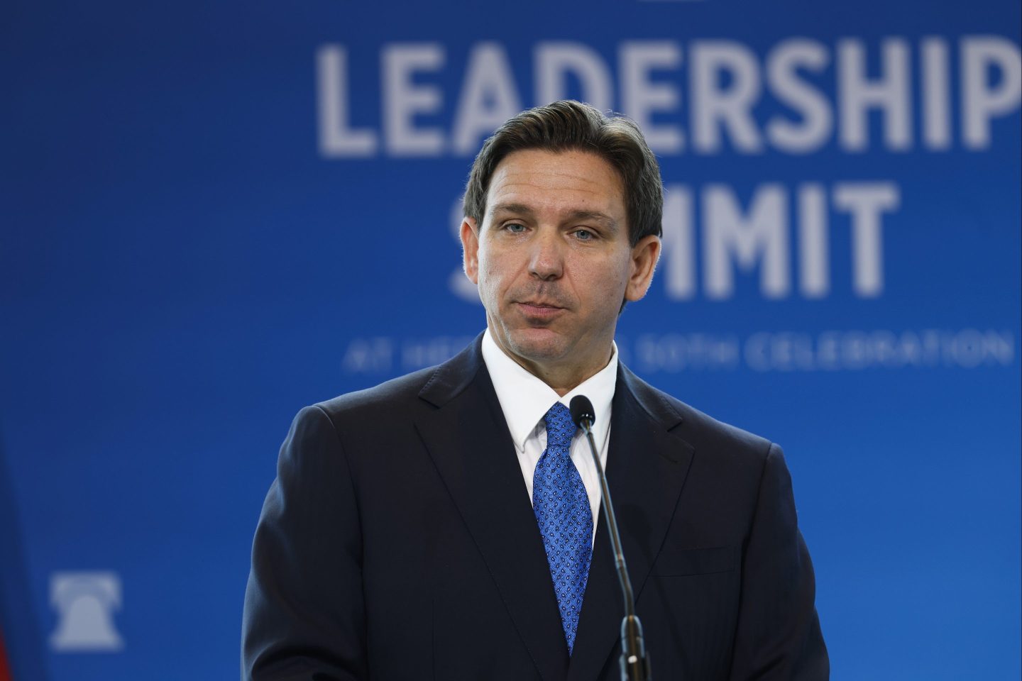 Florida Gov. Ron DeSantis gives remarks at the Heritage Foundation's 50th Anniversary Leadership Summit at the Gaylord National Resort & Convention Center on April 21, 2023 in National Harbor, Maryland.