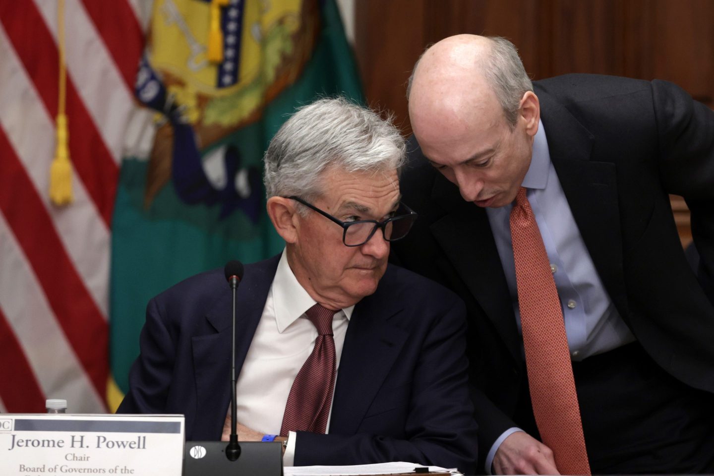 Fed Chair Jerome Powell (left) with SEC Chair Gary Gensler, prior to a Financial Stability Oversight Council meeting at the Department of the Treasury, April 21, 2023, in Washington, D.C.