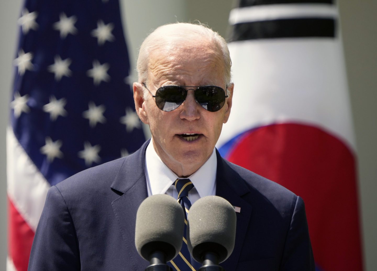U.S. President Joe Biden delivers remarks during a joint press conference with South Korean President Yoon Suk-yeol in the Rose Garden at the White House, April 26, 2023 in Washington, DC.