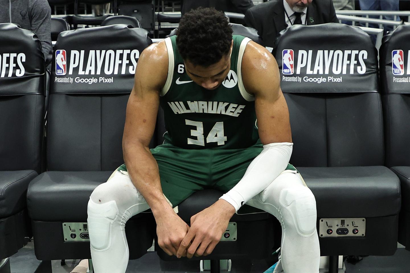 Giannis Antetokounmpo looking sad after losing season
